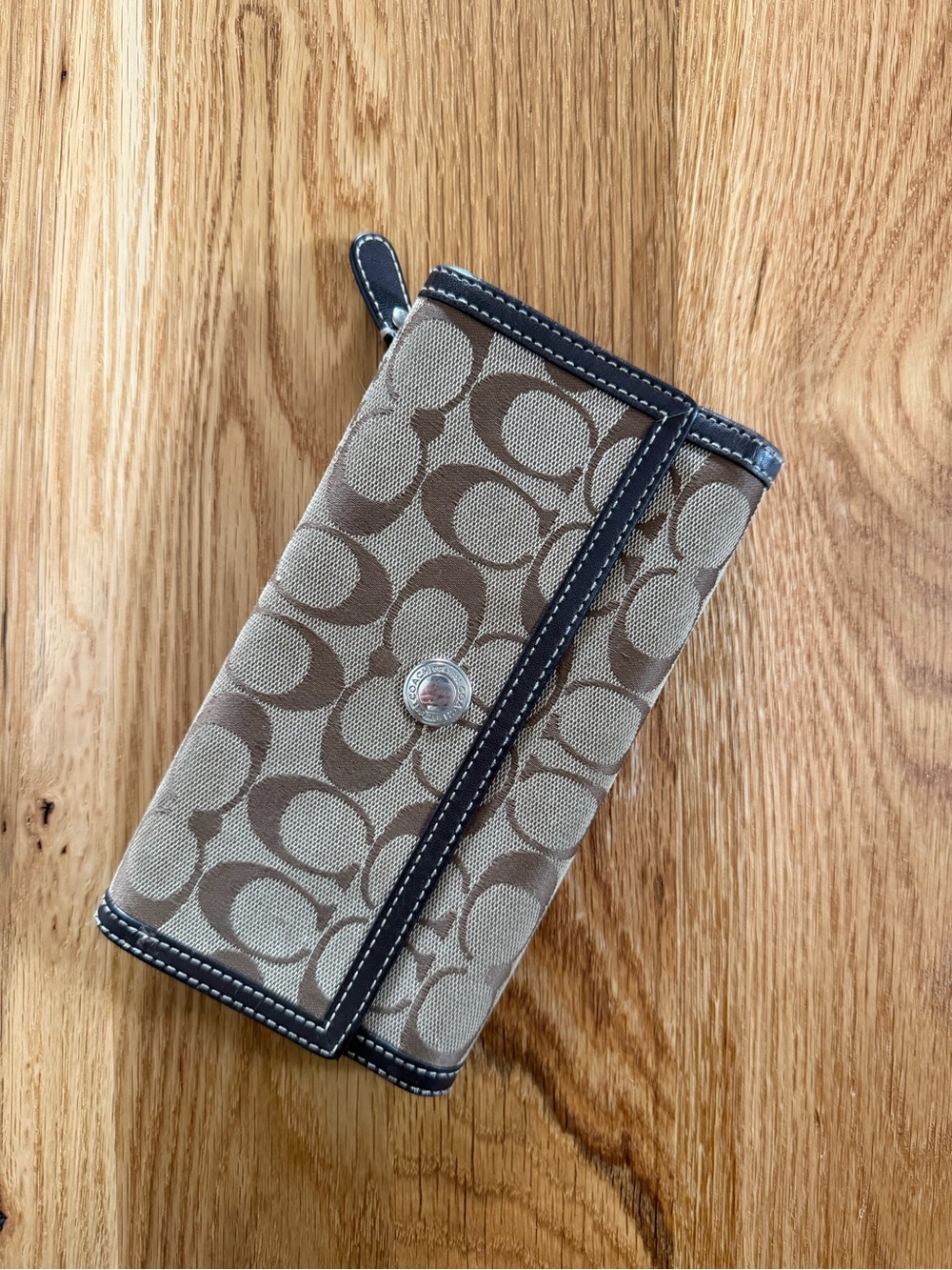 Coach Signature Canvas Wallet in Beige and Brown with Dark Trim